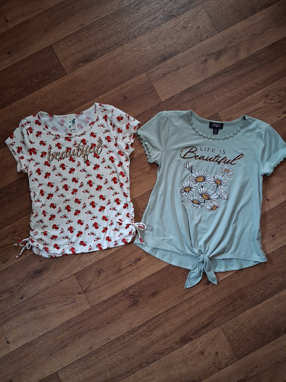 Pair of Floral 'Beautiful' Graphic Tie-Front Tops